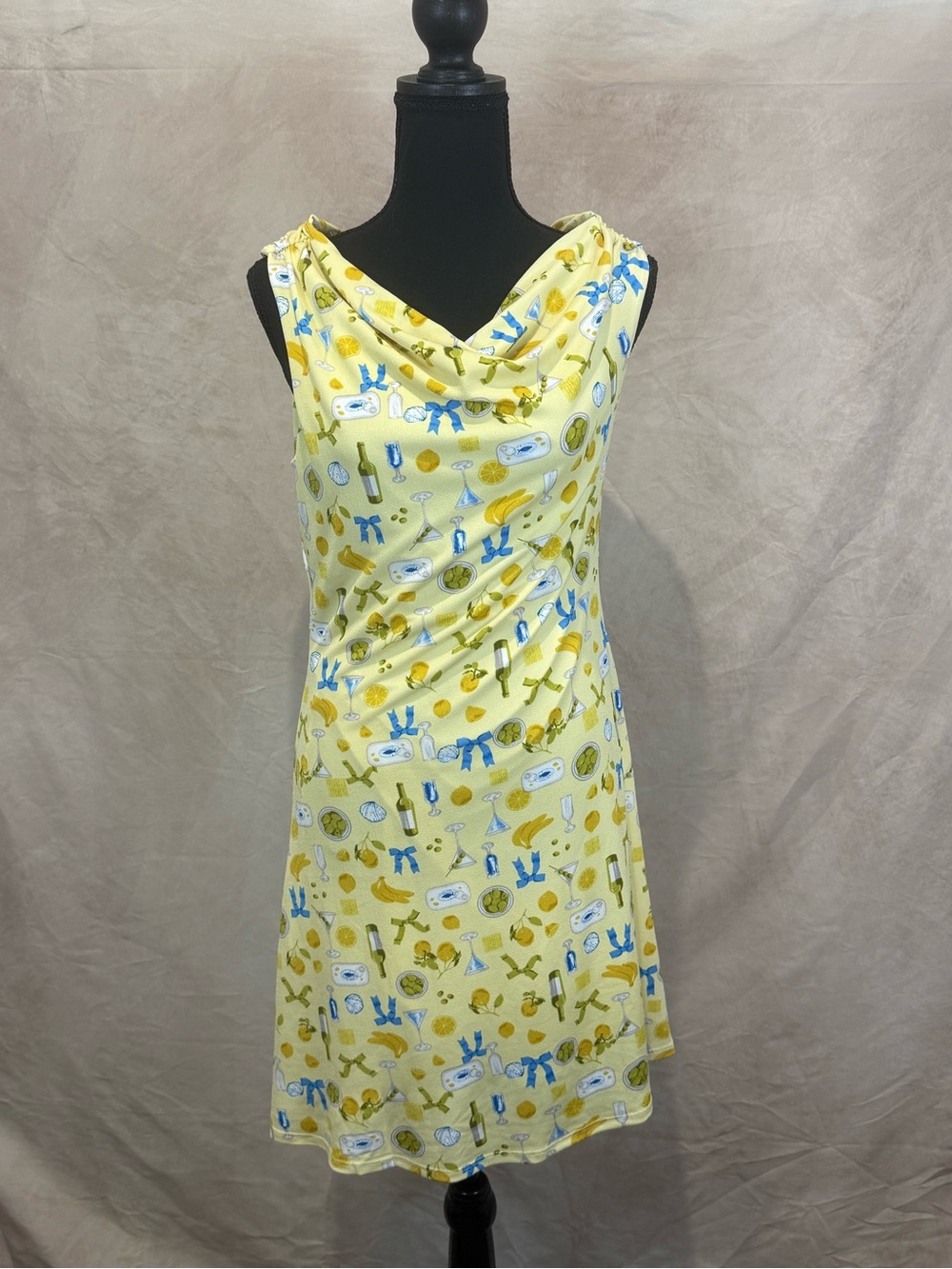 Gilli Yellow Cowl Neck Mini Dress with Blue & Green Print